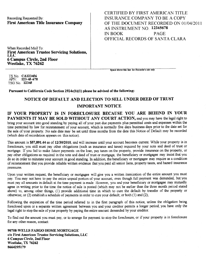 Sample California Notice of Default