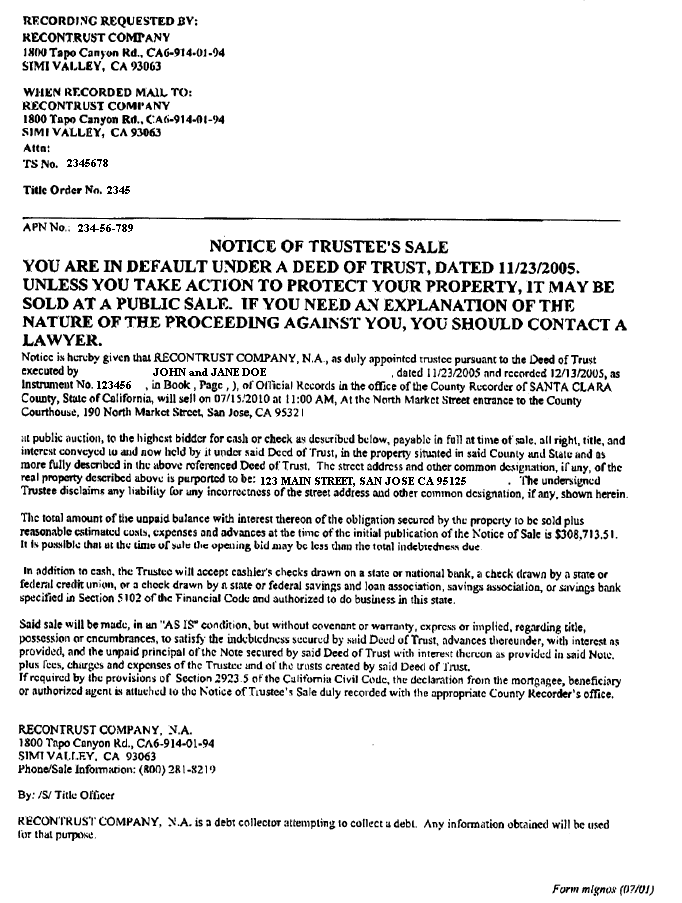 Sample California Notice of Trustee Sale